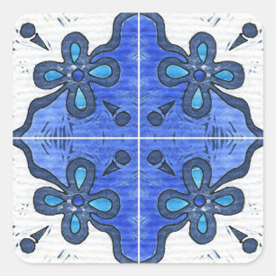 Bloem in blauw Geïnspireerd op Portugees Azulejos Vierkante Sticker