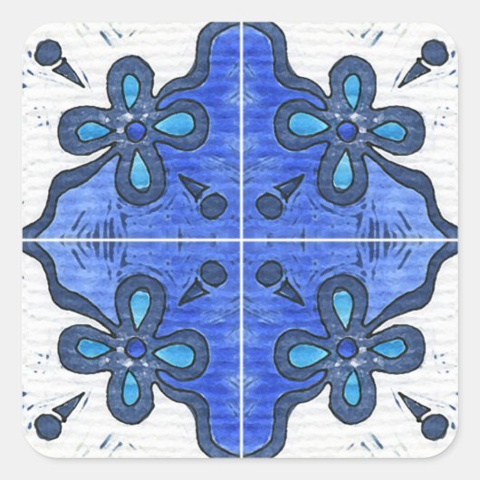Bloem in blauw Geïnspireerd op Portugees Azulejos Vierkante Sticker (Voorkant)