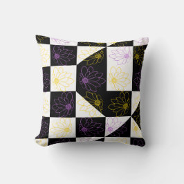 bloem in monochrome esthetisch dambordpatroon kussen