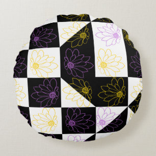 bloem in monochrome esthetisch dambordpatroon rond kussen