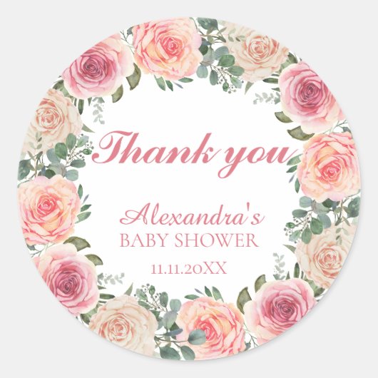 Bloem Kader Baby Shower Bedankt Ronde Sticker (Voorkant)