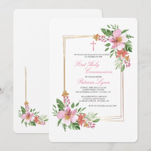 Bloem Kader in Roze Uitnodiging (Voorkant / Achterkant)