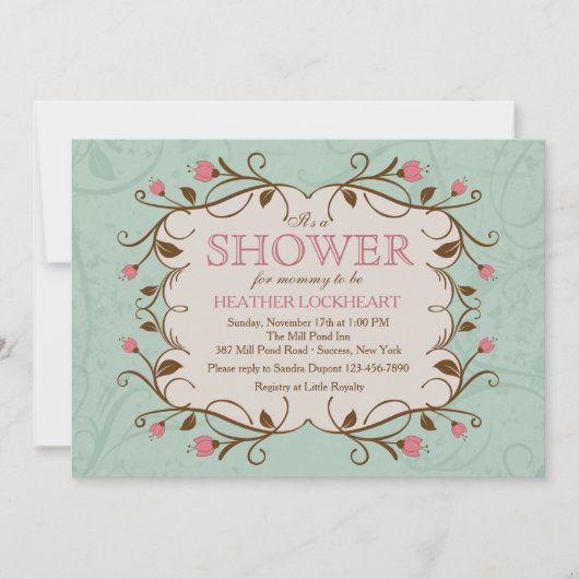 Bloem Kader in Roze Uitnodiging (Voorkant)