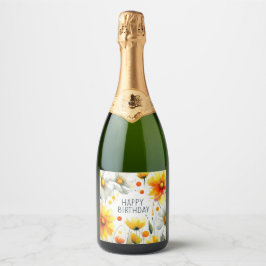 bloem kader verjaardag champagne fles label  sparkling wijnetiket