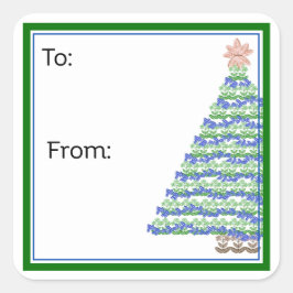 Bloem Kerstboom Sticker met Blokdruk