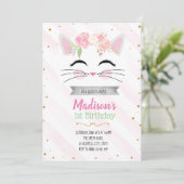 Bloem kitty kat verjaardag uitnodiging (Staand voorkant)