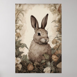 Bloem konijn print, rustieke haas cottagecore poster