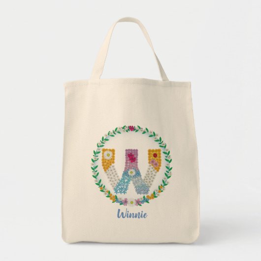 Bloem Letters Beginletter "W" met gepersonaliseerd Tote Bag (Voorkant)