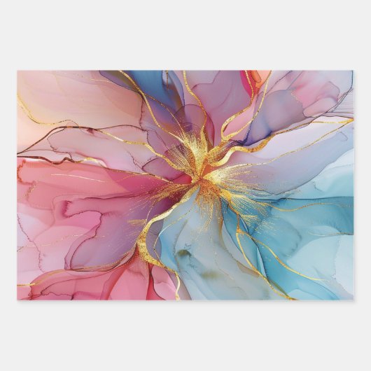 Bloem Marmer Goud Roze Blauw Inpakpapier Vel (Voorkant 2)