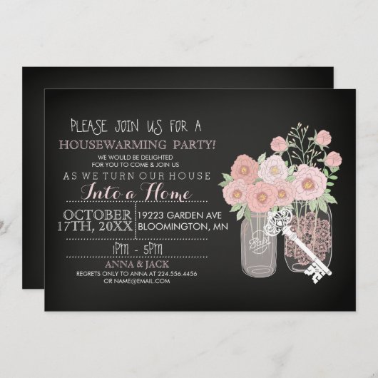 Bloem Mason Jar Chalkboard Housewarming Uitnodigen Kaart (Voorkant / Achterkant)