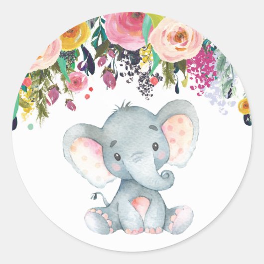 Bloem Meisje Olifant Baby Shower Roze en Grijs Ronde Sticker (Voorkant)
