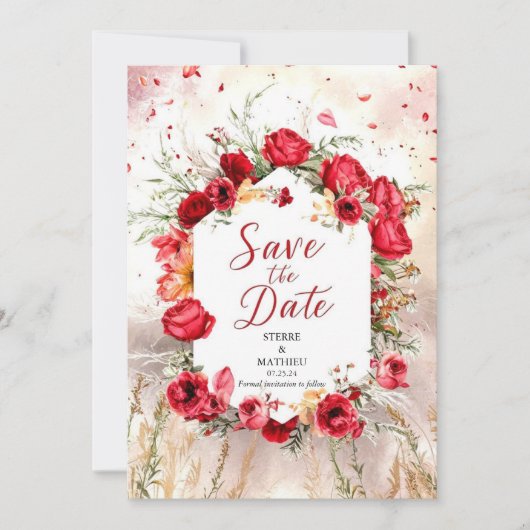 Bloem minimalistische karmozijnrode rozen bruiloft save the date (Voorkant)