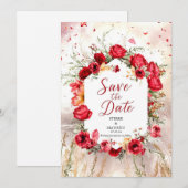 Bloem minimalistische karmozijnrode rozen bruiloft save the date (Voorkant / Achterkant)