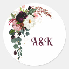 Bloem  MONOGRAM boho wijnrood boeket   Ronde Sticker