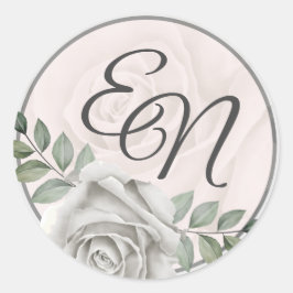 Bloem Monogram Stoffige Witte Rozen Bruiloft Stick Ronde Sticker