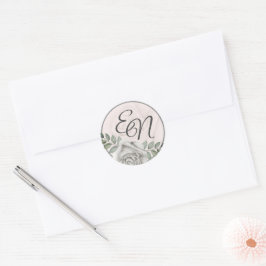 Bloem Monogram Stoffige Witte Rozen Bruiloft Stick Ronde Sticker
