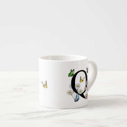 Bloem Motief Vlinder Monogram Initiaal Q Espresso Kop (Voorkant rechts)