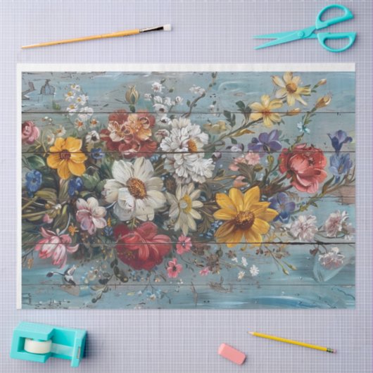  bloem op versleten blauwe achtergrond tissuepapier (Craft)