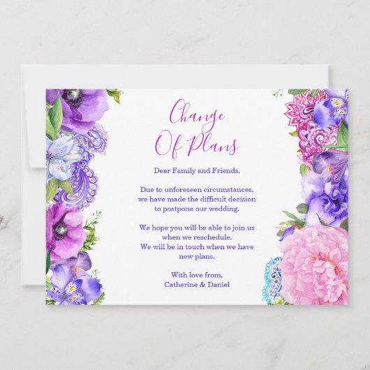 Bloem Paars Paisley Wijziging Van Plannen Uitstel Aankondiging (Voorkant)