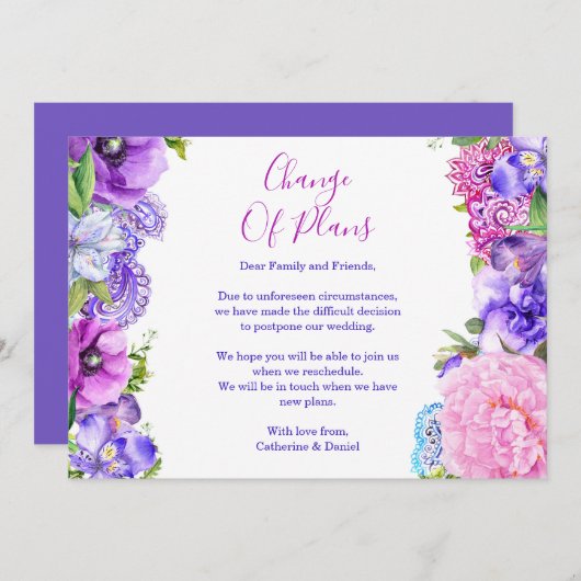 Bloem Paars Paisley Wijziging Van Plannen Uitstel Aankondiging (Voorkant / Achterkant)