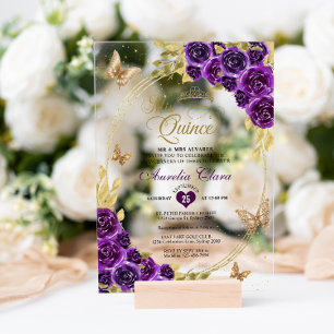Bloem Paarse Gouden Tiara Vlinder Mis Quinceañera Acryl Uitnodigingen