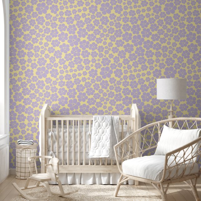 Bloem - Pastel - Geel en Paars Behang (Kinderen)