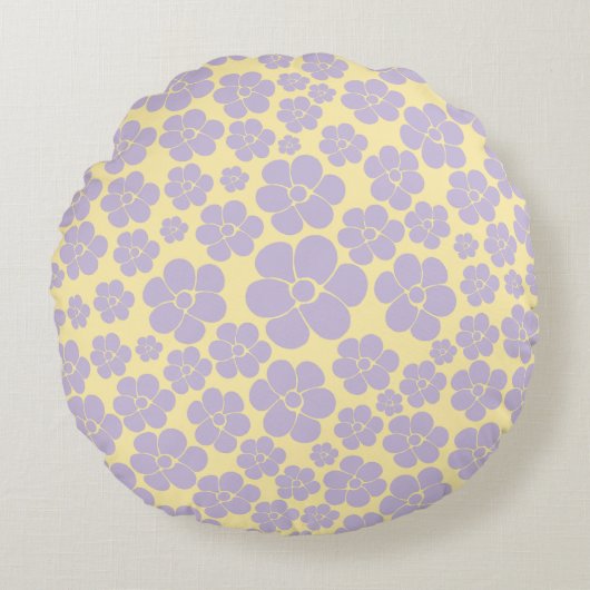 Bloem - Pastel - Geel en Paars Rond Kussen (Voorkant)