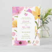 Bloem pastel roze gele bruiloft kaart (Staand voorkant)