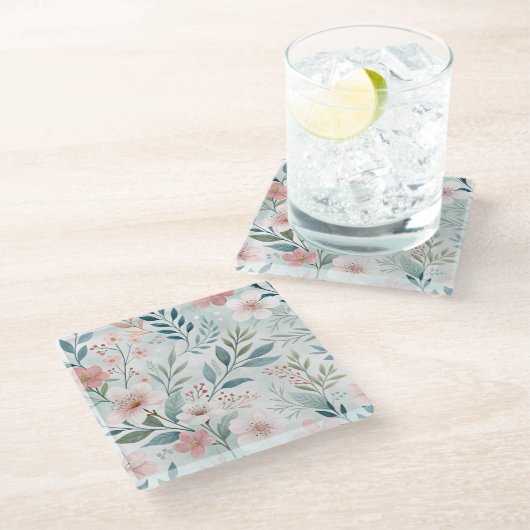 Bloem Patroon Tekening Pastel Glazen Onderzetter (Schuin)