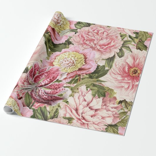 bloem Peony + Lily Pattern Illustratie Cadeaupapier (Uitgerold)