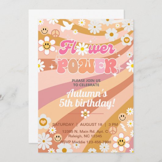 Bloem Power Groovy meisje 5e verjaardag uitnodigen Kaart (Voorkant / Achterkant)