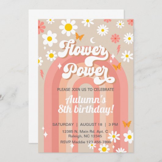 Bloem Power Groovy meisje 8e verjaardag uitnodigen Kaart (Voorkant / Achterkant)