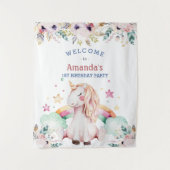 Bloem Regenboog Eenhoorn Meisje Verjaardag Welkom Wandkleed (Voorkant)