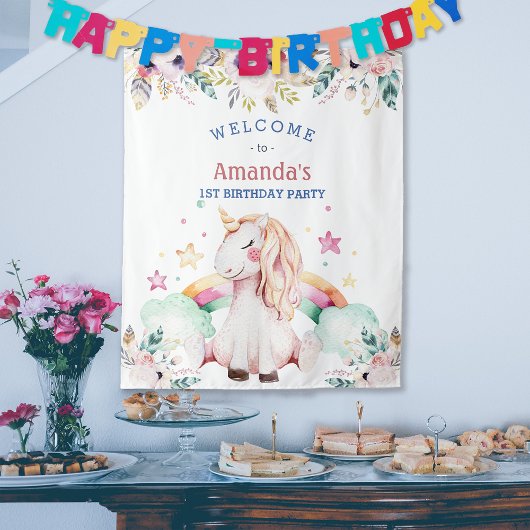 Bloem Regenboog Eenhoorn Meisje Verjaardag Welkom Wandkleed
