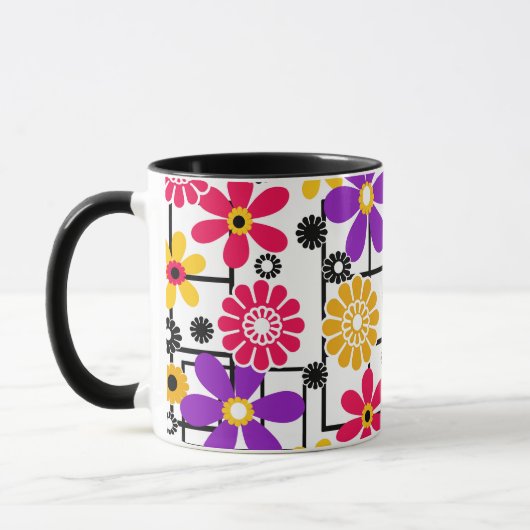 Bloem retro, helder retro, bloemrijk, rood en geel mok (Links)