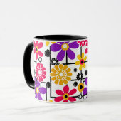 Bloem retro, helder retro, bloemrijk, rood en geel mok (Voorkant links)