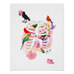 Bloem Ribbenkast en Vogels Surrealistische Natuur  Perfect Poster