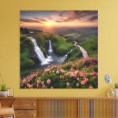 Bloem Rolling Hills in Zonsondergang Watervallen Canvas Afdruk (Insitu (Woonkamer))