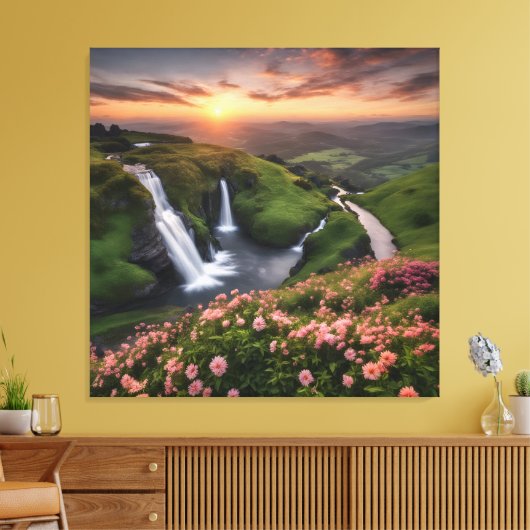 Bloem Rolling Hills in Zonsondergang Watervallen Canvas Afdruk (Insitu (Woonkamer))