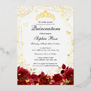 Bloem Rood Goud Tiara Quinceanera Folie Uitnodiging