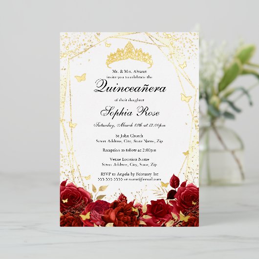 Bloem Rood Goud Tiara Quinceanera Folie Uitnodiging (Staand Voorkant)