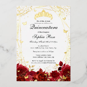 Bloem Rood Gouden Tiara Quinceanera Folie Uitnodiging