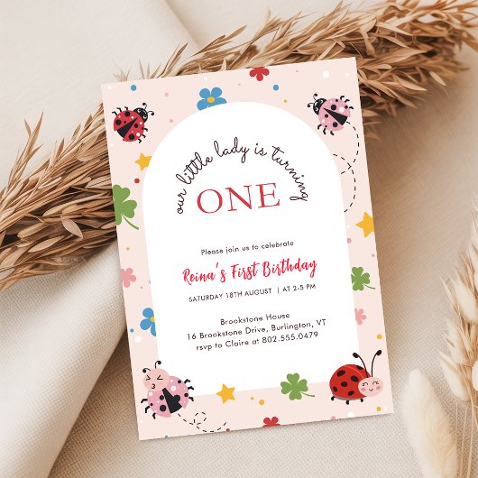 Bloem Rood Roze Cute Bug Lieveheersbeestje 1e Verj Kaart