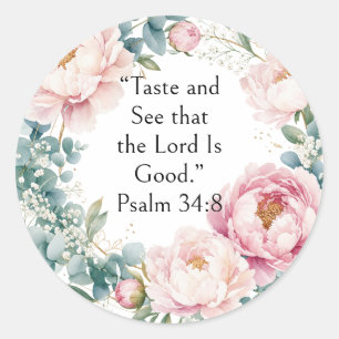 Bloem Roze Blad Waterverf, Psalm 34:8 Vers Ronde Sticker