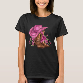 Bloem Roze Cowgirl Laarzen En Hoed Valentijns West T-shirt
