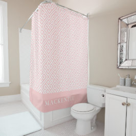 Bloem Roze en Witte Griekse Sleutel Naam Monogram Douchegordijn