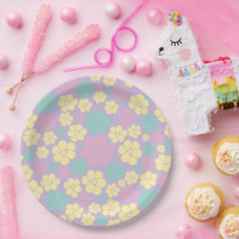 Bloem - roze, geel, Paars en groen Papieren Bordje