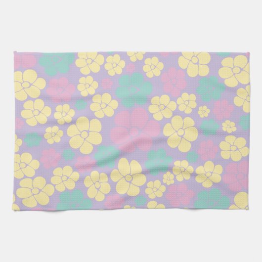 Bloem - roze, geel, Paars en groen Theedoek (Horizontaal)
