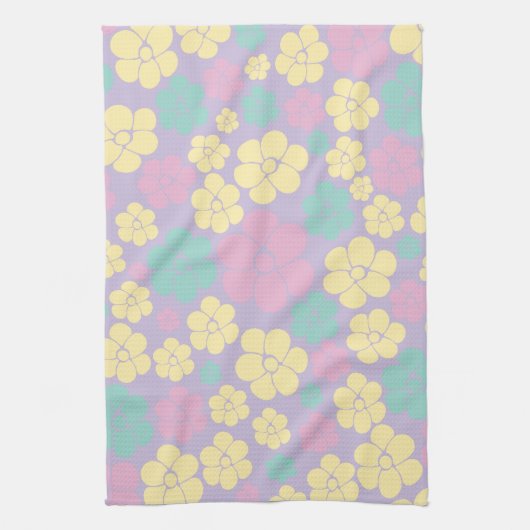 Bloem - roze, geel, Paars en groen Theedoek (Verticaal)