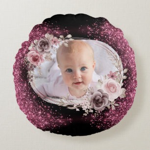 Bloem Roze Goud Twee Foto Baby Meisje schattig Rond Kussen